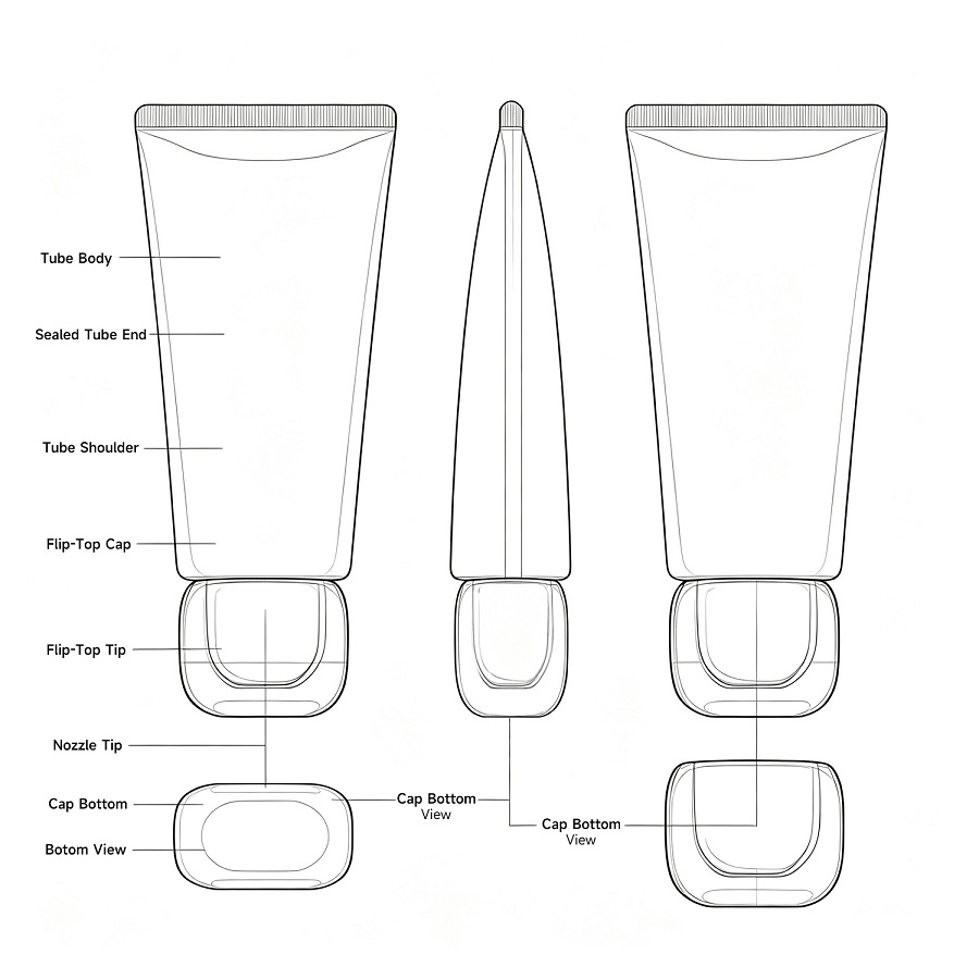2D cosmetic tube structural CAD design and cap breakdown