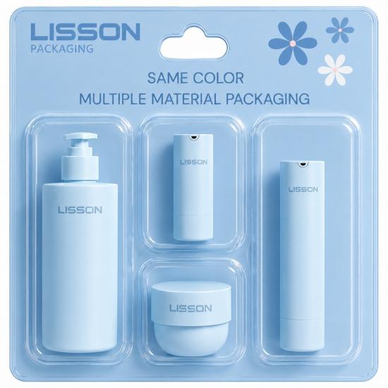 Conjunto de embalagens cosméticas de materiais variados da mesma cor