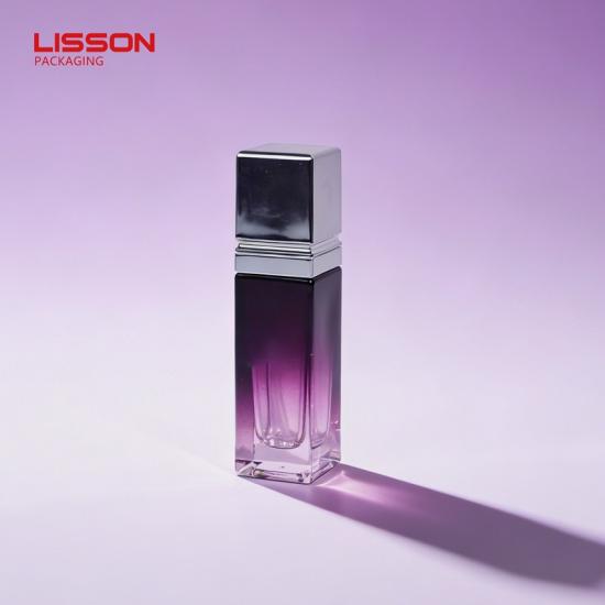 Frasco de bomba de sérum de vidro quadrado com gradiente roxo personalizado de 30 ml